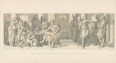 Niewola Harolda ogłoszona Wilhelmowi z Normandii, który zostaje poinformowany, że Guy z Ponthieu żąda za niego okupu. autorstwa Daniel Maclise
