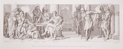 Niewola Harolda ogłoszona Wilhelmowi Normandii, który dowiaduje się, że Guy z Ponthieu żąda za niego okupu, z „Historii podboju normańskiego”, rytowanej przez L. Grunera, 1866 autorstwa Daniel Maclise