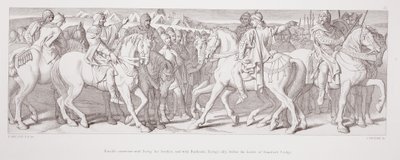 Rozmowa Harolda z Tostigiem, jego bratem, i z Hardradą, sprzymierzeńcem Tostiga, przed bitwą pod Stamford Bridge, z "Historii podboju normańskiego", rycina L. Grunera, 1866 r. autorstwa Daniel Maclise