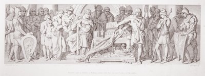 Przysięga wierności złożona przez Harolda Wilhelmowi, przysięgła na ukryte relikwie świętych, z „Historii podboju normańskiego”, rytego przez L. Grunera, 1866 autorstwa Daniel Maclise