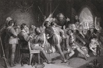 Hall of Glennaquoich – góralska uczta, grawerowana przez P. Lightfoota, z „Waverly” Sir Waltera Scotta (1771-1832) autorstwa Daniel Maclise