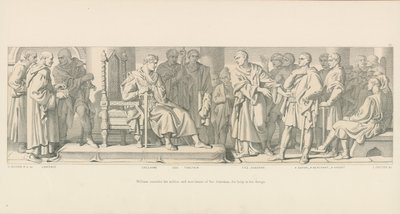William konsultuje się z szlachtą i kupcami swojego księstwa, aby uzyskać pomoc w swoim projekcie autorstwa Daniel Maclise