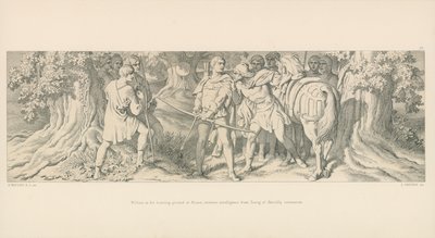 William, na swoim terenie łowieckim w Rouen, otrzymuje informacje od Tostiga z koronacji Harolda autorstwa Daniel Maclise
