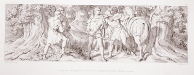 William, na swoim terenie łowieckim w Rouen, otrzymuje informacje od Tostiga z koronacji Harolda, z „Historii podboju normańskiego”, rytowanej przez L. Grunera, 1866 autorstwa Daniel Maclise