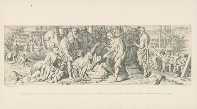 William potyka się, lądując, ale chwytając ziemię ręką, woła, że w ten sposób przejmuje w posiadanie angielską glebę, i w ten sposób uspokaja swoich zwolenników, którzy uznali jego upadek za zły omen autorstwa Daniel Maclise