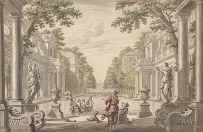Widok na ogród pałacowy z centralnym stawem otoczonym klasycystyczną architekturą..., ca. 1700-1720. autorstwa Daniel Marot