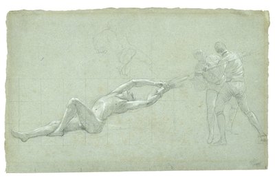 Study for The Siege of Gibraltar (studium uratowanej postaci i dwóch postaci ciągnących wiosło), 1785-1786 (czarno-biała kreda na szaro-zielonym papierze) autorstwa Daniel Mytens