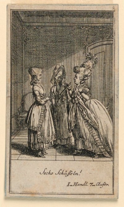 Starsza kobieta beszta dziewczynę, ilustracja do sztuki „Nie więcej niż sachs Schuesseln” Fredricha Wilhelma Grossmana w „Königl: Grosbrit [anian] kalendarz genealogiczny na rok 1782 Lauenberg autorstwa J.G. Berenberga” autorstwa Daniel Nikolaus Chodowiecki