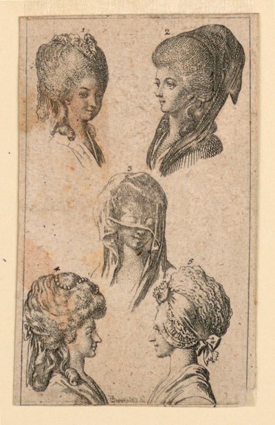 Pięć nakryć głowy, jak noszone przez kobiety z Berlina, ilustracja do „Königl: Grosbrit [anian] kalendarz genealogiczny na rok 1782 Lauenberg autorstwa J.G. Berenberga” autorstwa Daniel Nikolaus Chodowiecki