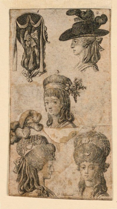 Pięć nakryć głowy dla kobiet, dwa fragmenty ilustracji do „Königl: Grosbrit [anian] kalendarz genealogiczny na rok 1781 Lauenberg autorstwa J.G. Berenberga” autorstwa Daniel Nikolaus Chodowiecki
