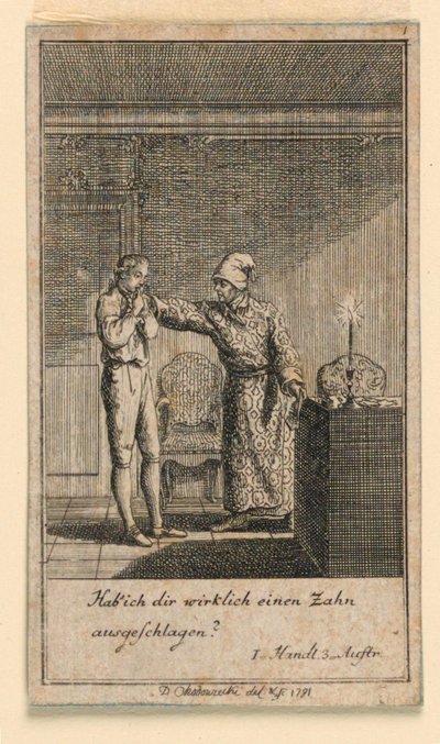 Uderzenie w twarz, ilustracja do sztuki „Nie więcej niż sachs Schuesseln” Fredricha Wilhelma Grossmana w „Königl: Grosbrit [anian] kalendarz genealogiczny na rok 1782 Lauenberg J.G. Berenberga” autorstwa Daniel Nikolaus Chodowiecki