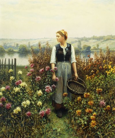 Dziewczyna z koszem w ogrodzie, autorstwa Daniel Ridgway Knight