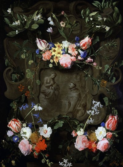 Marmurowa nisza ozdobiona kwiatami i zawierająca przedstawienie adoracji dziewicy. Obraz namalowany przez Daniela Seghersa (1590-1661) Kolekcja prywatna. autorstwa Daniel Seghers