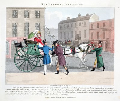 The Pressing Invitation, ilustracja z „Fashionable Bores or Coolers in High Life” Petera Quiza, wyd. Thomas McLean, Londyn 1824 (ręcznie barwiony grawerunek) autorstwa Daniel Thomas Egerton