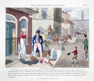 The Unfortunate Discovery, ilustracja z „Fashionable Bores or Coolers in High Life” Petera Quiza, wyd. Thomas McLean, Londyn 1824 (ręcznie barwiony grawerunek) autorstwa Daniel Thomas Egerton