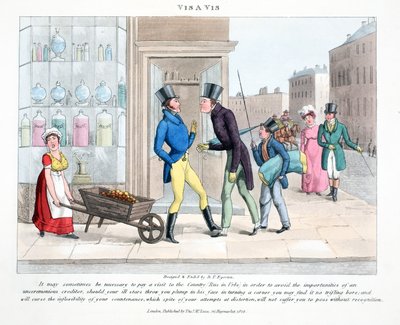 Vis A Vis, ilustracja z "Fashionable Bores or Coolers in High Life" Petera Quiza, pub. Thomas McLean, London 1824 (rycina ręcznie kolorowana) autorstwa Daniel Thomas Egerton