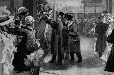 Louise Michel wróciła do Francji (1830-1905) po deportacji za udział w Komunie Paryskiej. Na stacji Saint Lazare (Saint-Lazare) powitali go Henri Rochefort (1831-1913), Louis Blanc (181-1882) i George Clemenceau (1841-1929). autorstwa Daniel Urrabieta Vierge