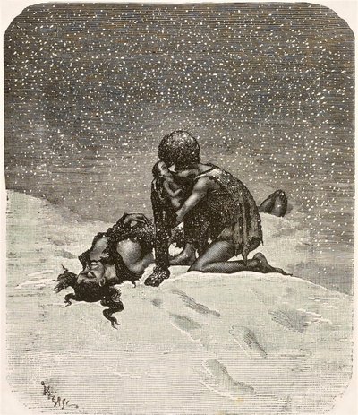 Człowiek, który się śmieje - Gwynplaine i mała Dea, autor: Daniel Vierge autorstwa Daniel Vierge