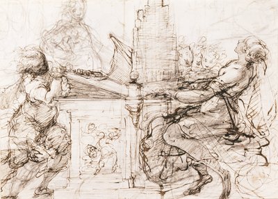 Św. Cecylia Rzymska grająca na organach (Św. Cecylia przy organach) - Praca Daniele Crespi (1598-1630), kreda i akwarela na papierze autorstwa Daniele Crespi