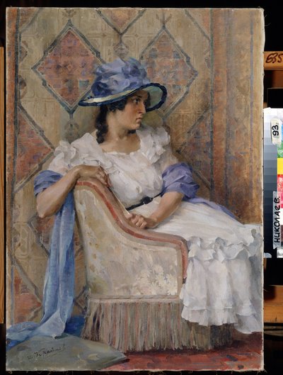 Kobieta w bieli (Dama w bieli). Malarstwo Danilla Karpovicha Krayneva (1872-1949), olej na płótnie, współczesna sztuka rosyjska, przełom XIX i XX wieku. Regionalne Muzeum Sztuki im. W. Wereszczagina, Mikołajów (Ukraina). autorstwa Danil Karpovich Kraynev