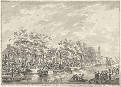 Przybycie Amsterdamczyków do Utrechtu, 1787 Widok Przybycia Obywateli Amsterdamu W Utregt W De Rooy Brug. Po Den Dom do zobaczenia. 1787. (tytuł na obiekcie) autorstwa Daniël Kerkhoff