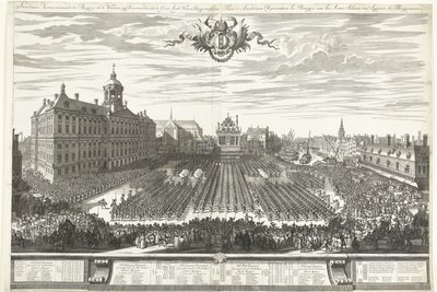 Uzbrojeni bandyci na placu Dam podczas targów w Amsterdamie, 1686 Targi Amsterdamskie przedstawiające Burgery in the Weapons, sig Przedstawienie aaen de Groot Agtb: Heeren Burgermeesteren (tytuł na obiekcie) Foire d