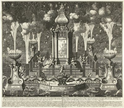 Fajerwerki na obchodach traktatu w Utrechcie, 1713 Wizerunek teatru z synonimami i sztucznymi fajerwerkami, wzniesiony przez ordere van Haar Ed. Groot Mog: Heeren Staten van Holland i West Vriesland (...) w Hadze, w vyver ( autorstwa Daniël Stopendaal