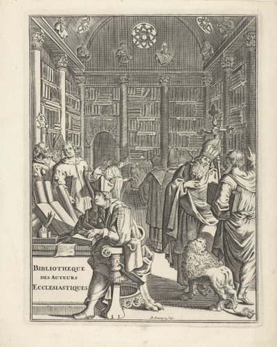 Wnętrze Biblioteki z duchowieństwem Strona tytułowa dla: Bibliotheque des Authors Ecclesiastiques, bez roku autorstwa Daniël met de Penningen