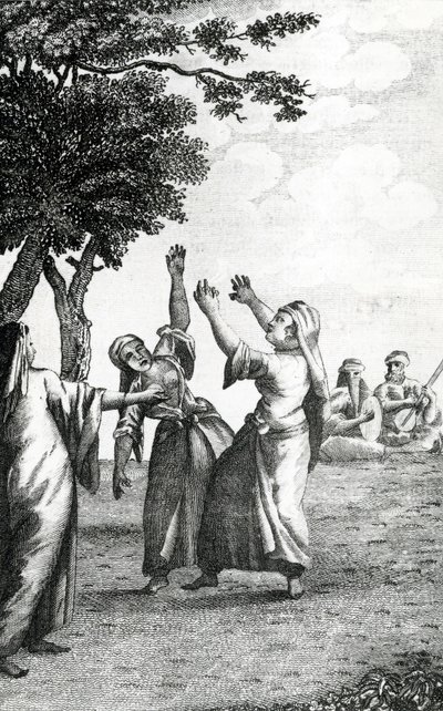 Tańczące dziewczyny w Egipcie, zaczerpnięte z Podróży Niebuhrsa przez Arabię i inne kraje Wschodu, 1792 autorstwa Danish School