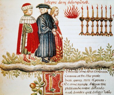 Vergilius, Dante ja Matelda, Kiirastus, Canto XXIX, valaistu sivu Divine Comedysta, Dante Alighieri (1265-1321)puola autorstwa Dante Alighieri