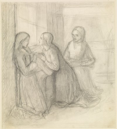 (Prawdopodobnie) klęcząca św. Elżbieta Węgierska z towarzyszkami Isentrudis i Gutą autorstwa Dante Gabriel Charles Rossetti