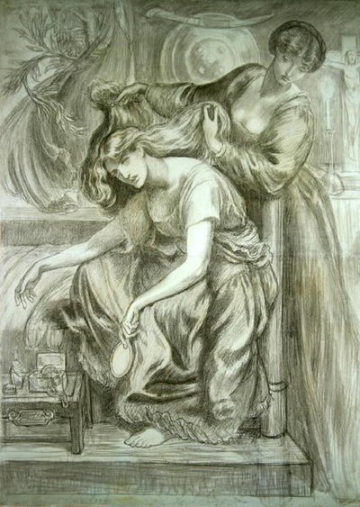 Pieśń Śmierci Desdemony (czarno-czerwona kreda na papierze) autorstwa Dante Gabriel Charles Rossetti