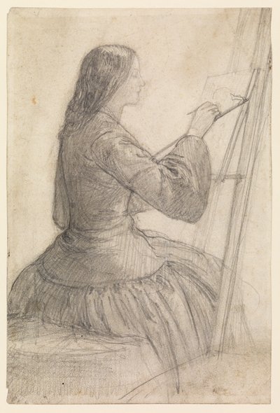 Elizabeth Siddal siedząca przy sztalugach, obraz, 1854-55 ok autorstwa Dante Gabriel Charles Rossetti