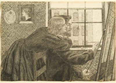 GP Boyce z Fanny Cornforth w Rossettis Studio, Chatham Place, ok. 1858 (tusz na papierze) autorstwa Dante Gabriel Charles Rossetti