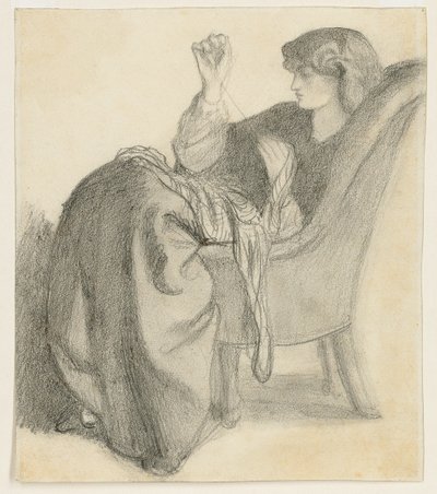 Lachesis: Studium Jane Morris siedzącej na krześle do szycia, lata 60. XIX wieku autorstwa Dante Gabriel Charles Rossetti