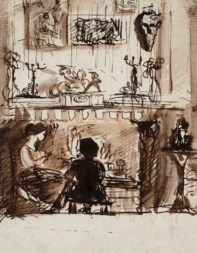 Lizzie Siddal i Woolner w wyimaginowanym pokoju (pióro, tusz i pranie) autorstwa Dante Gabriel Charles Rossetti