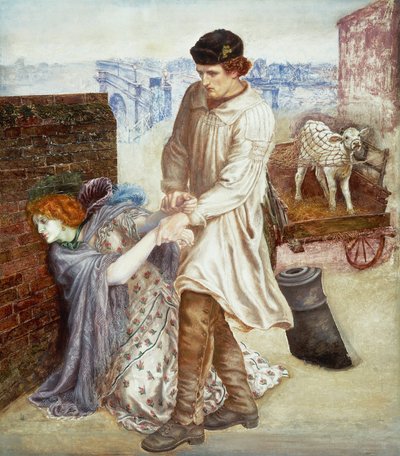 „Odkryty” Rolnik, który przyjechał do miasta sprzedać cielę, próbuje wychować chorą młodą prostytutkę o trupiej cerze 1865-1869 (obraz) autorstwa Dante Gabriel Charles Rossetti