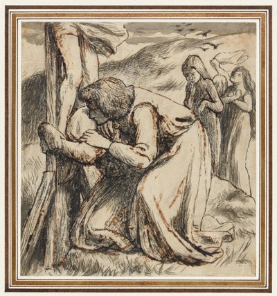 Jan pocieszający Dziewicę u stóp krzyża, ok. 1857-58 (pióro, tusz indyjski i sepia na papierze) autorstwa Dante Gabriel Charles Rossetti