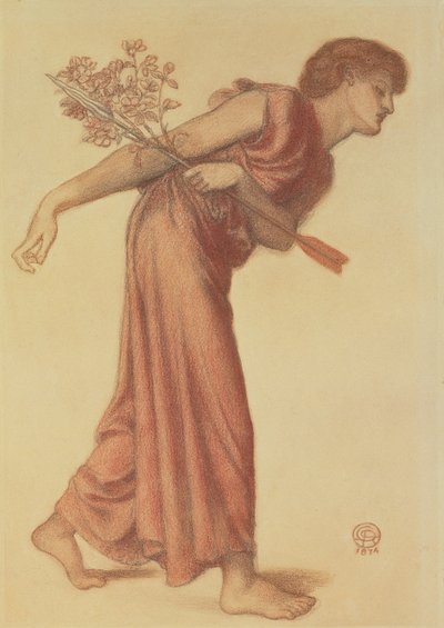 Studium do figury miłości we śnie Dantego w chwili śmierci Beatrice, 1874 (czarna i czerwona kredka na zielonym papierze) autorstwa Dante Gabriel Charles Rossetti