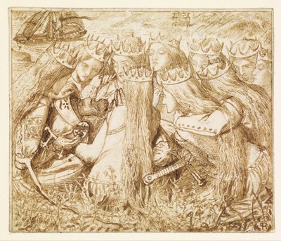 Projekt do Tennysona Moxona - król Artur i płaczące królowe autorstwa Dante Gabriel Rossetti