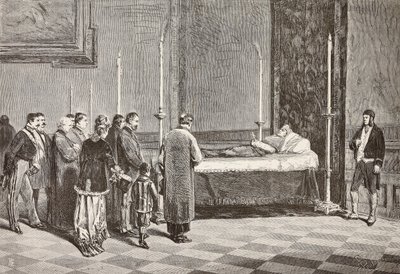 Ciało kardynała Giacomo Antonelliego leżące w stanie w jednym z pomieszczeń Watykanu, rycina z rysunku Dantego Paolocciego z L