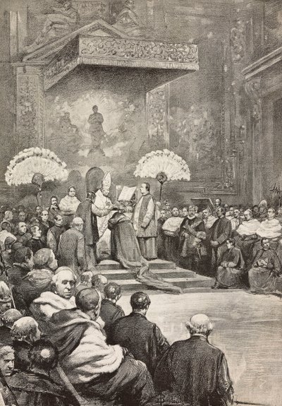 Konsystorz 13 listopada, papież Leon XIII, gdzie mianował nowych kardynałów, Watykan, rycina na podstawie rysunku Dantego Paolocciego, z L