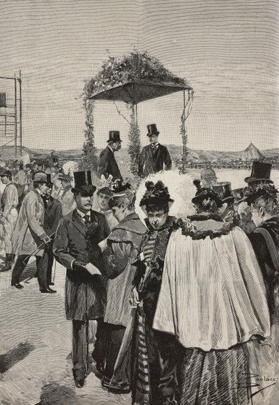 Hrabia Turynu Vittorio Emanuele z Sabaudii-Aosty na wyścigach Tor di Quinto, Rzym, Włochy, rycina według rysunku Dantego Paolocciego, z L
