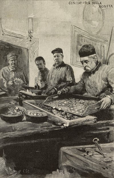 Liczenie monet w mennicy rzymskiej, Włochy, rycina według rysunku Dantego Paolocciego, z L