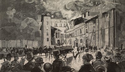 Pożar szkół izraelskich z 1893 r., Rzym, Włochy, rycina według rysunku Dantego Paolocciego, z L