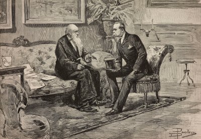 Król Sabaudii Umberto I (1844-1900) i przewodniczący Rady Agostino de Pretis (1813-1887), rycina na podstawie rysunku Dantego Paolocciego, z L