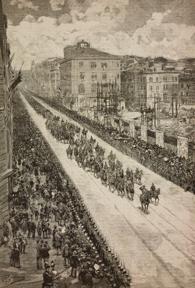 Król powracający do Kwirynału po inauguracji pomnika Dogali w Rzymie, Włochy, rycina na podstawie rysunku Dantego Paolocciego, z L