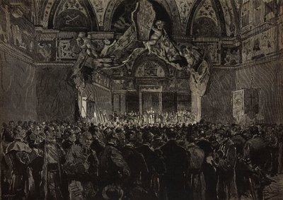 Leon XIII przyjmujący francuskich pielgrzymów w Sali Książęcej, Jubileusz Papieski, Watykan, rycina na podstawie rysunku Dantego Paolocciego, z L