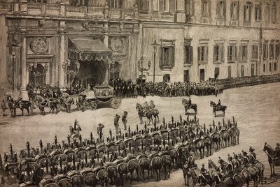 Otwarcie parlamentu, przyjazd króla Umberto I do Montecitorio, Rzym, Włochy, rycina na podstawie rysunku Dantego Paolocciego, L