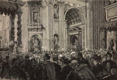 Błogosławieństwo papieskie z okazji Jubileuszu Biskupiego Leona XIII, Bazylika św. Piotra, Watykan, rycina według rysunku Dantego Paolocciego, z L